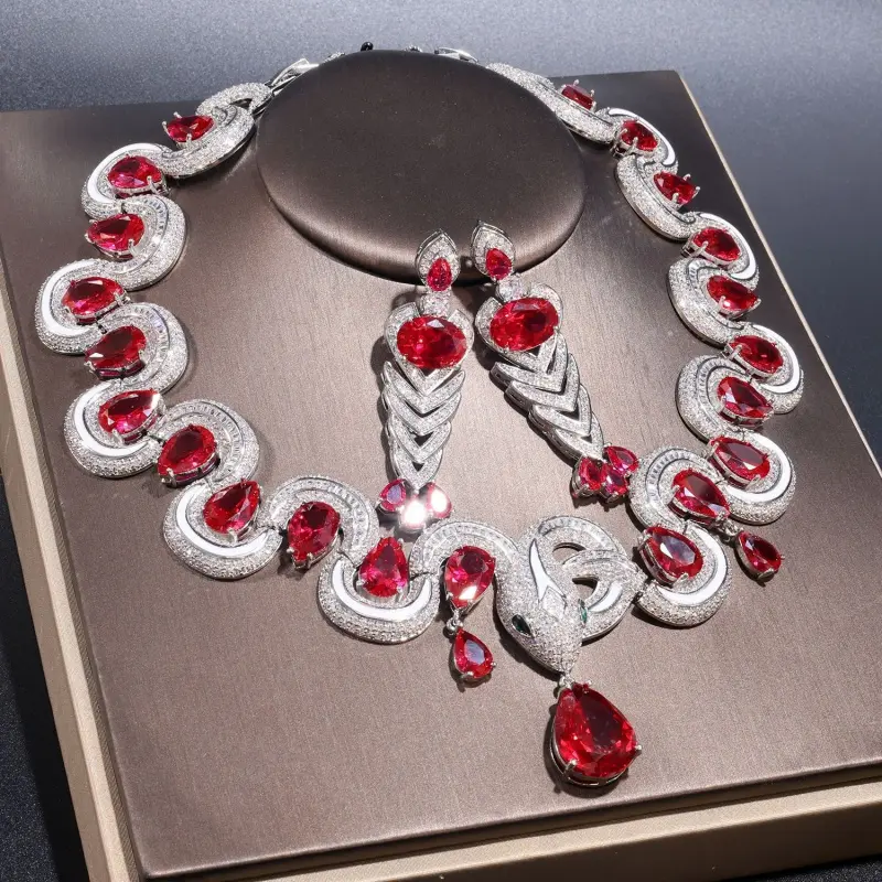 Thick Platinum Plated Luxury Sculptural Necklace&Earrings Set,Italian Craftsmanship Art Design Jewelry Set,Lab Ruby Sapphire Emerald Multicolor Gemstone,Celebrity Red Carpet Look,Elegant Evening Party Wedding Prom,Banquet,Bridal,WomenFashion,Birthday Gift