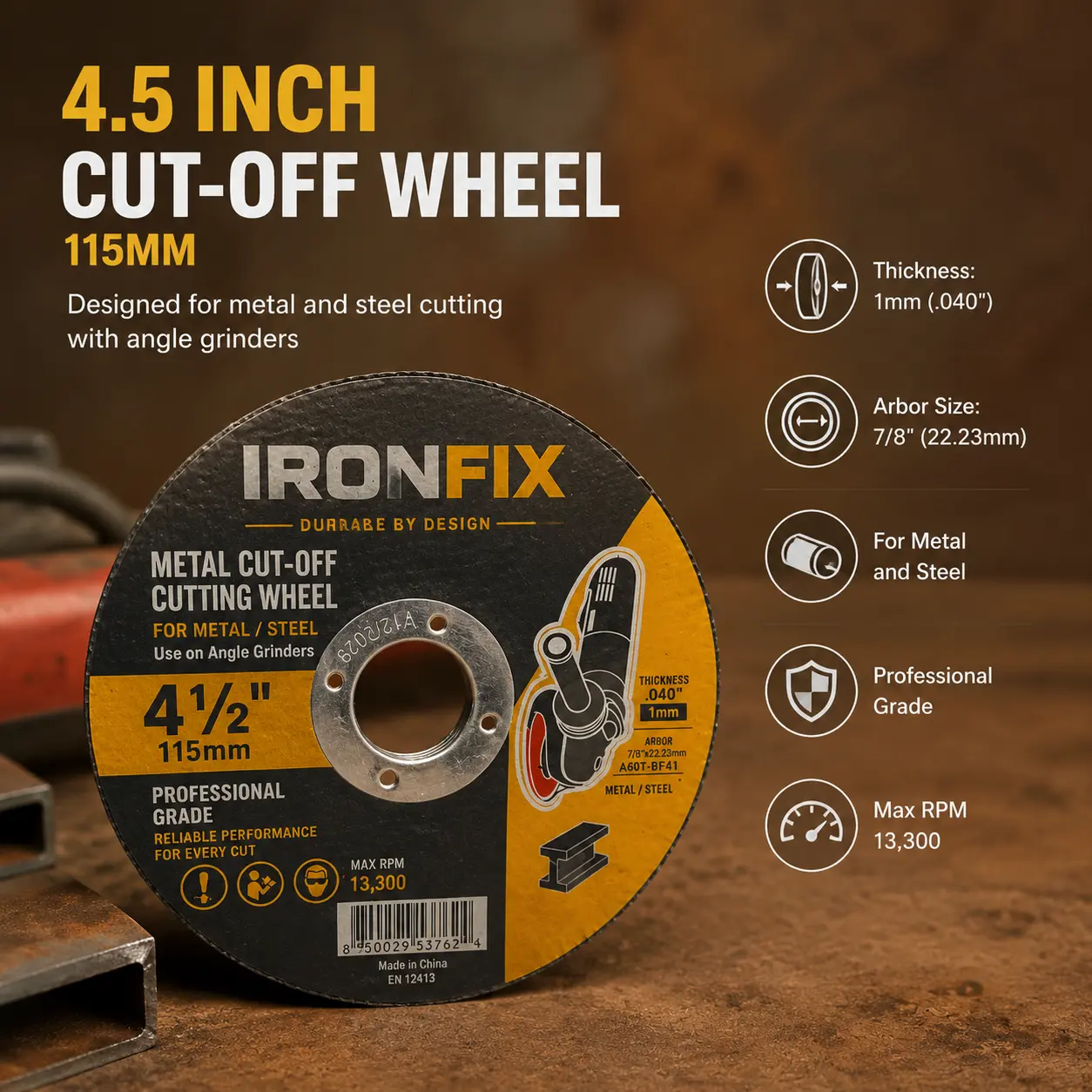 IRONFIX 4 1/2 Cut Off Wheel Angle Grinder Cutting Disc for Metal & Stainless Steel, Max 13,300 RPM, 0.045" Thin Grinding Wheel,100 Pack