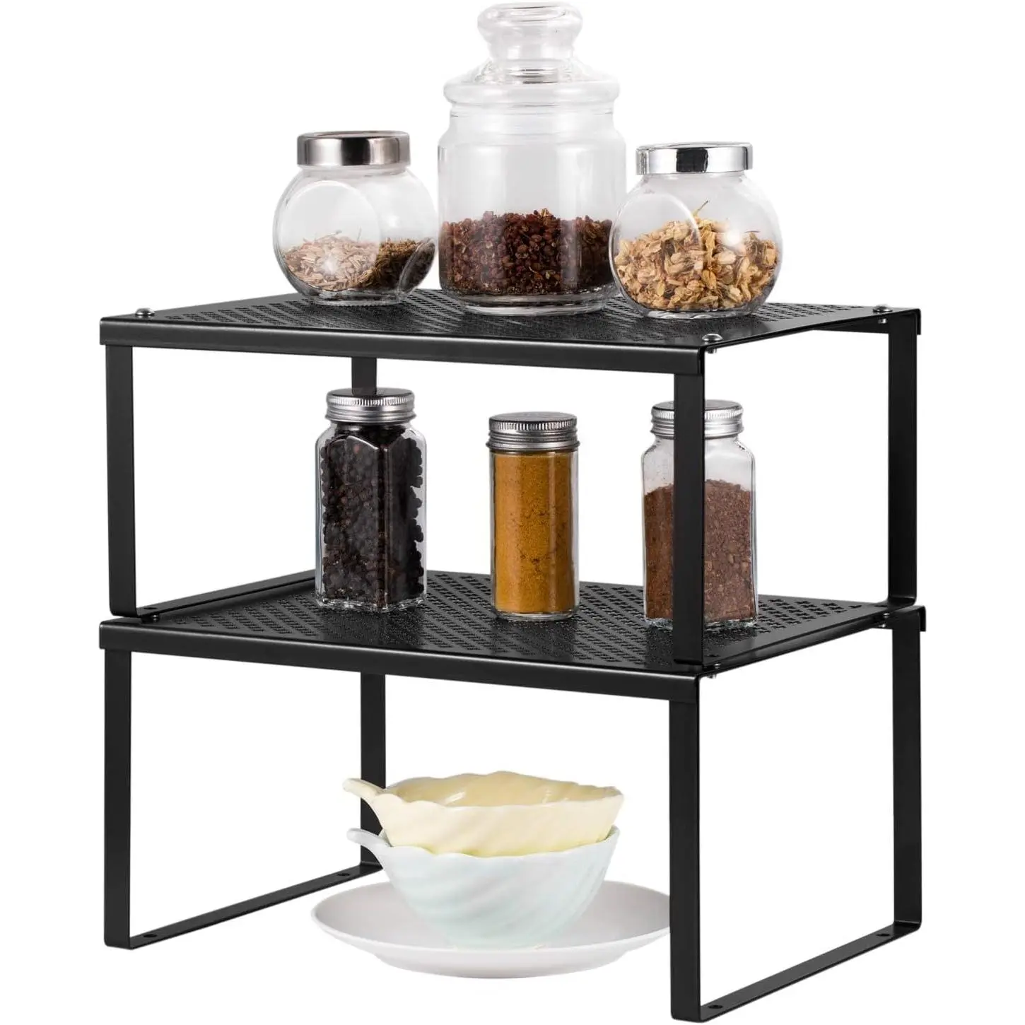 Cabinet Organizer Shelf Set of 2, Kitchen Counter Stackable Shelves, Expandable  Rack Pantry Organizers Bathroom Storage Riser, Metal, Black