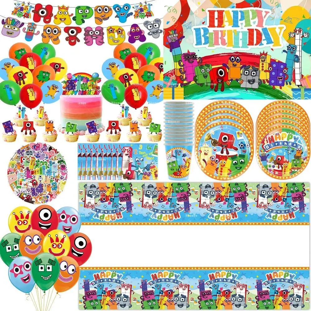 New 1Set Numberblocked Party Supplies TV Show Number Latex Balloons Toy Decor Happy Birthday Banner Bunting Cake Topper Balloon