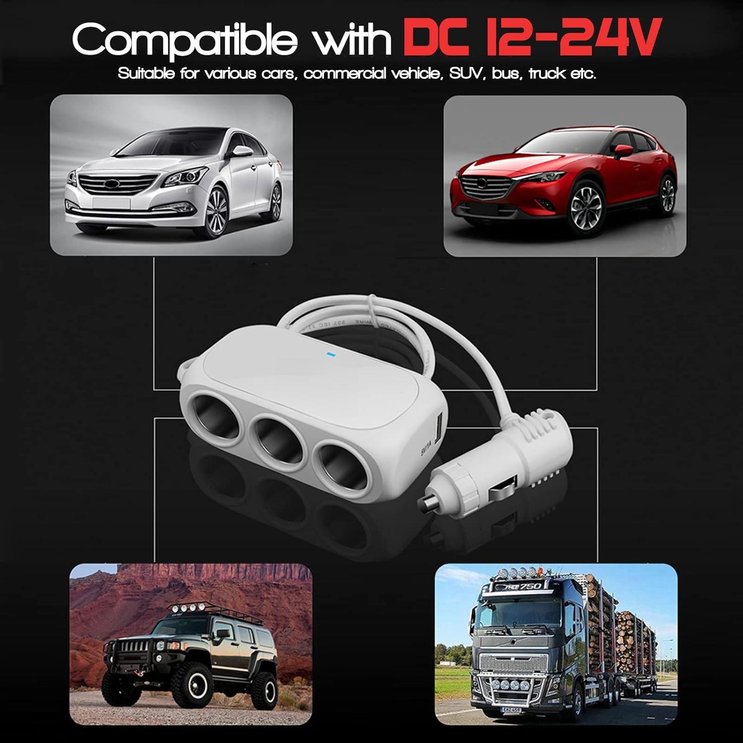 3-Socket Car Cigarette Lighter Splitter Adapter, 2 USB Splitter Extender [120W] [12V/24V] [3.1A Dual USB Car Charger] [Black] for Device with Emergency Warning Light