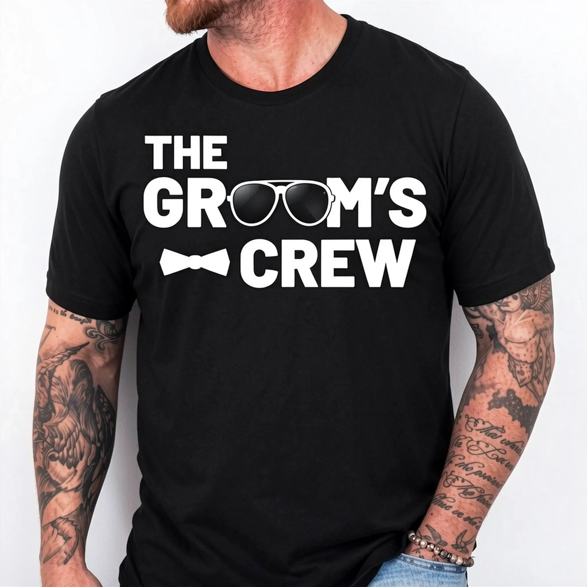 Groomsmen Groom Squat Men Bachelor Supplies Party Wedding T-Shirt,Made in USA