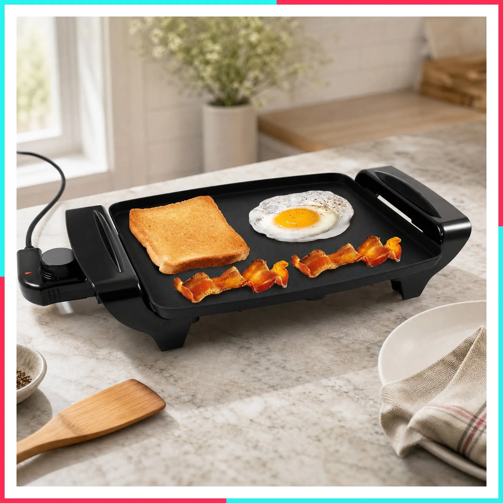 EGR-2722B Electric Griddle, Cool-Touch, 10.5"x8.5" Black | Non-Stick Surface, Removable/Adjustable Thermostat, Skid-Free Rubber Feet, Great for Pancakes, Eggs & Bacon