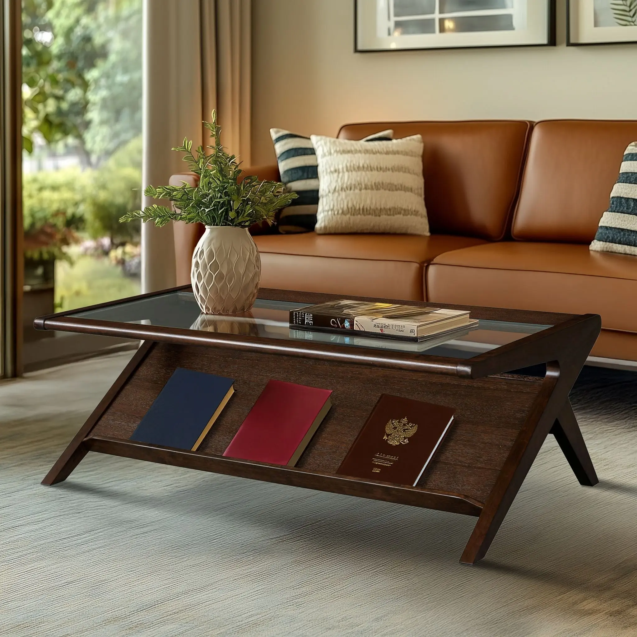 Nokaa Wood & Tempered Glass Coffee Table, Morocco Brown Finish – Modern Center Table for Living Room, Durable Easy-Clean Surface, Compact Accent Furniture for Home Office or Lounge