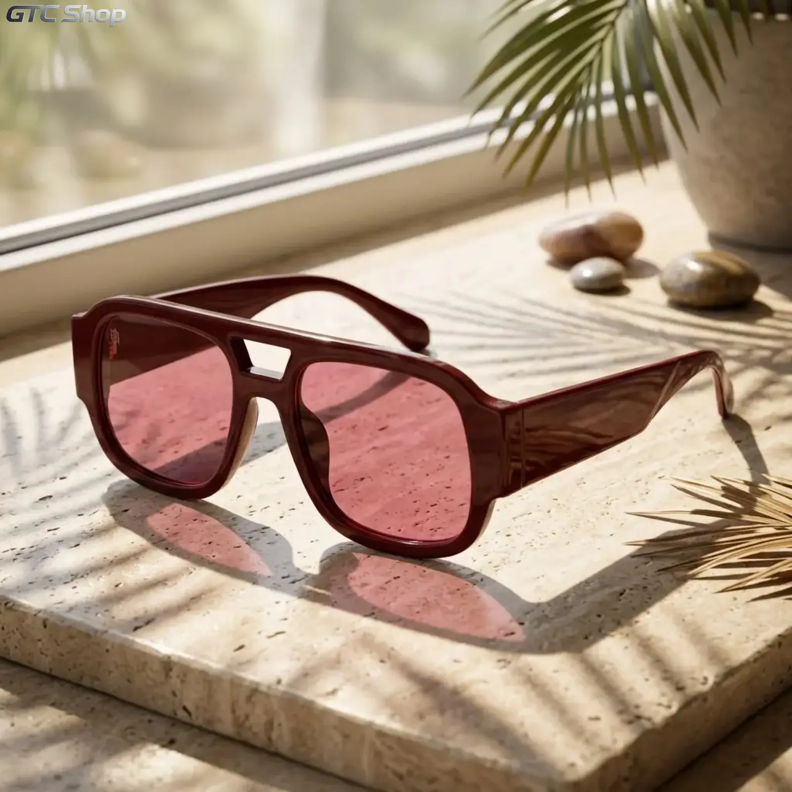 Vintage Pilot Square Statement Sunglasses, Thick Burgundy Frame Pink Solid Lens Women Men Fashion Accessories