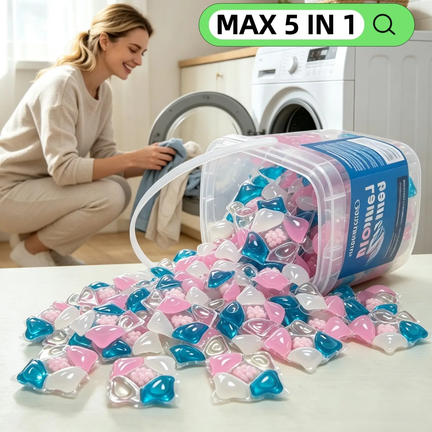 5-In-1 Concentrated Laundry Gel Beads Detergent Pods, Fabric-Safe Stain Remover, Softening, Anti-Static, Low-Foam, Fresh Aroma