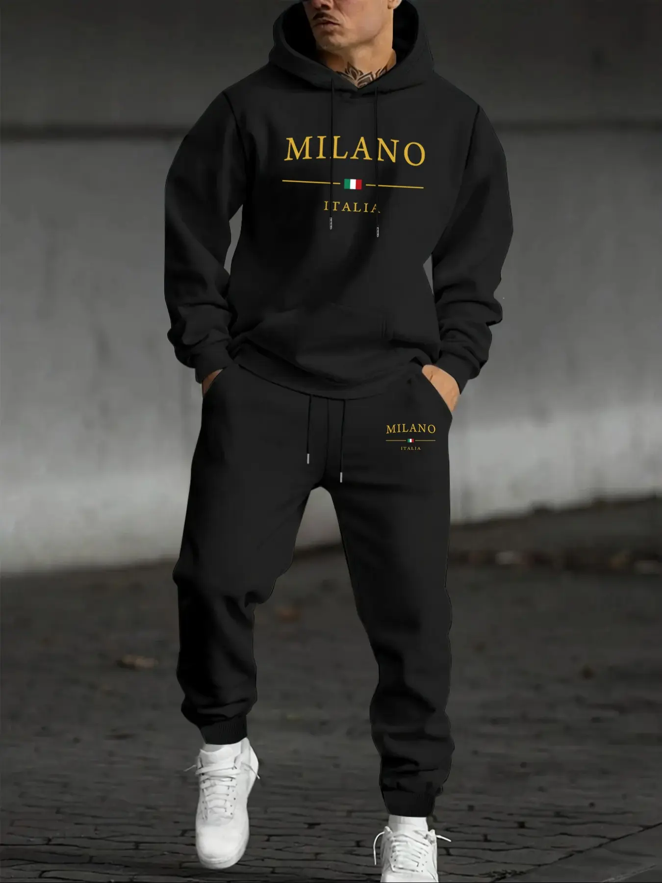Men's Fall Winter Casual Hoodie Set, Long Sleeve Loose Fit, Milano Letter Print, Perfect Gift, Comfortable Daily Wear