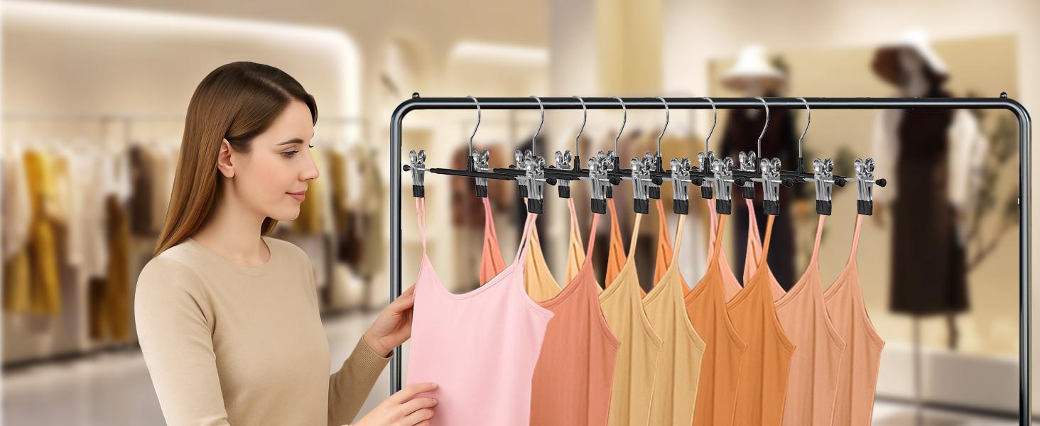 Pants Hangers with Clips for Women 24 Pack, 12Inch Adjustable Heavy Duty Skirt Hangers, Space Saving Non-Slip Shorts Jeans Trousers Clothes Hangers, Black