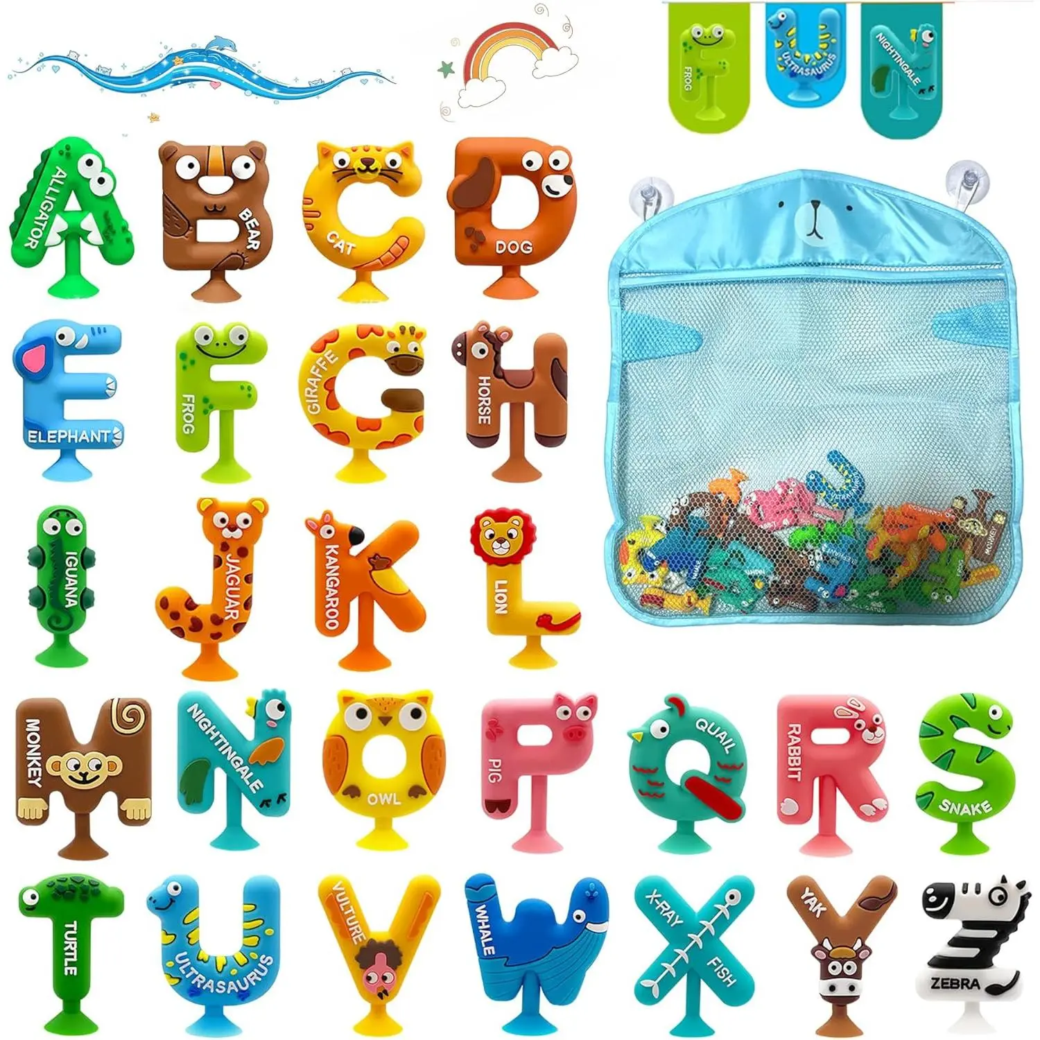 Mold Free Suction Bath Toys for Kids 26PCS, Bathtub Silicone ABC Alphabet Educational Montessori Sensory Toys for Baby/Toddlers, No Hole Animal & Letters Learning Toy with Storage Net for Autism/ADHDfidget toys