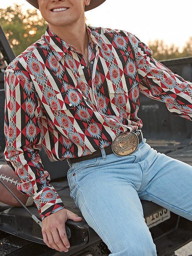 Men's Western Cowboy Style Retro Print Loose Long Sleeve Shirt Striped Casual Button Autumn Top Suitable for Streetwear Menswear233