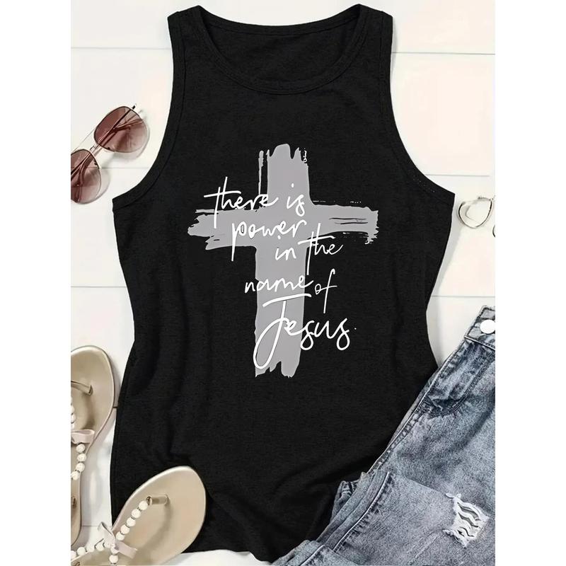 Women's Fashion Sleeveless Crew Neck Printed Tank Top - Cross Print Cross Faith Graphic, Soft Comfortable Basic Vest for Day Wear, All Season Spiritual Outfits
