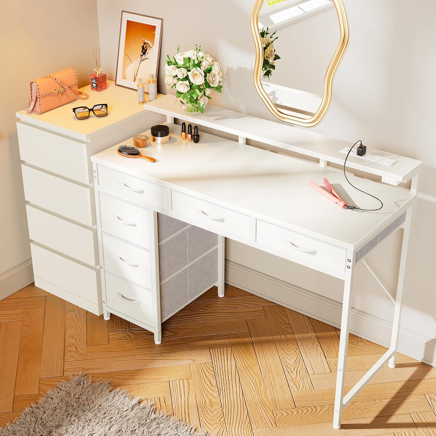 Gaming Desk with 6 Drawers, Computer Desk with LED Lights Power Outlets and Type-C, 39 Inch Office Desk with Storage, Stand, Writing Desk Work Desk Office, Bedroom, Study, White Gaming Desk with 6 Drawers, Computer Desk with LED Lights Power Outlets and Type-C, 39 Inch Office Desk with Storage, Stand, Writing Desk Work Desk Office, Bedroom, Study, White