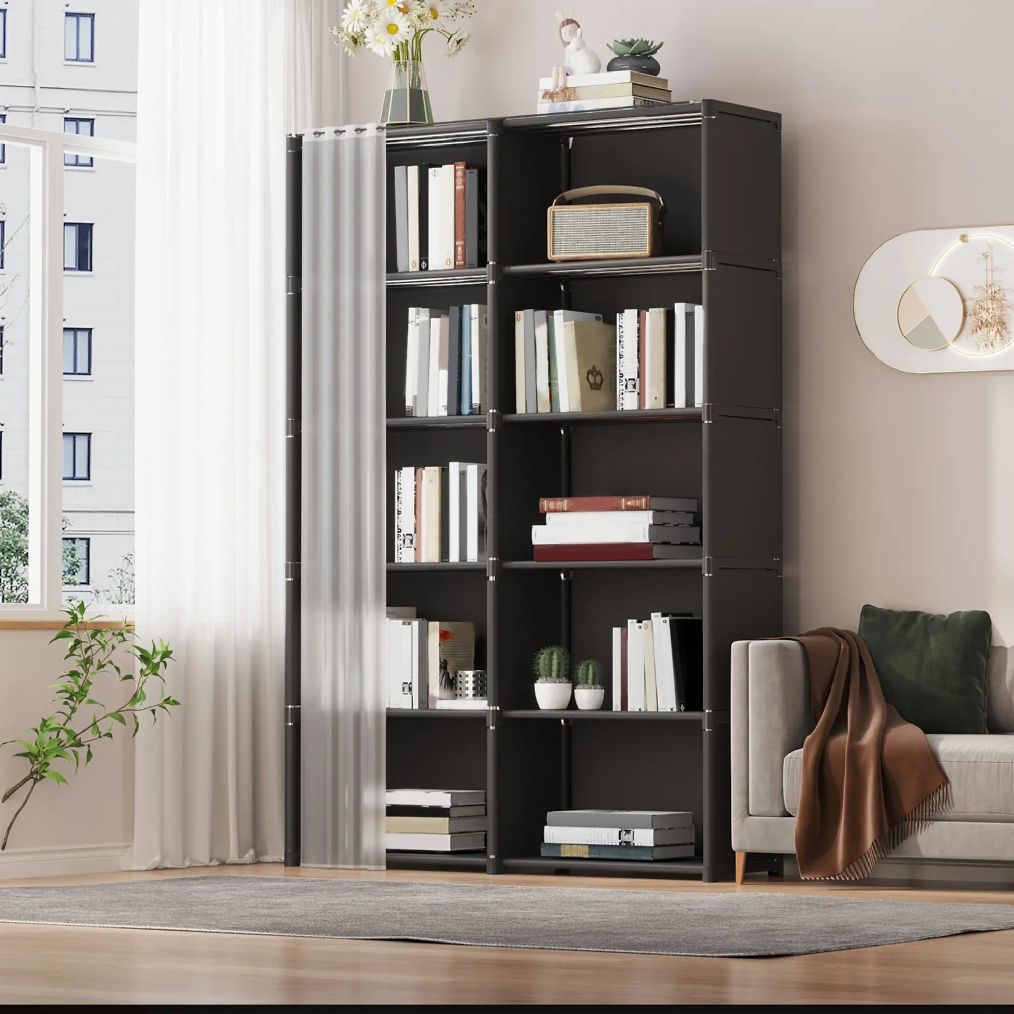 1pc Multi-Layer Easy-to-Assemble Book Storage Rack with Height 49.21/61.02 inches, width 15.74/31.49inches, Multi-functional Dustproof Miscellaneous Storage Cabinet for Office, Classroom and Dormitory