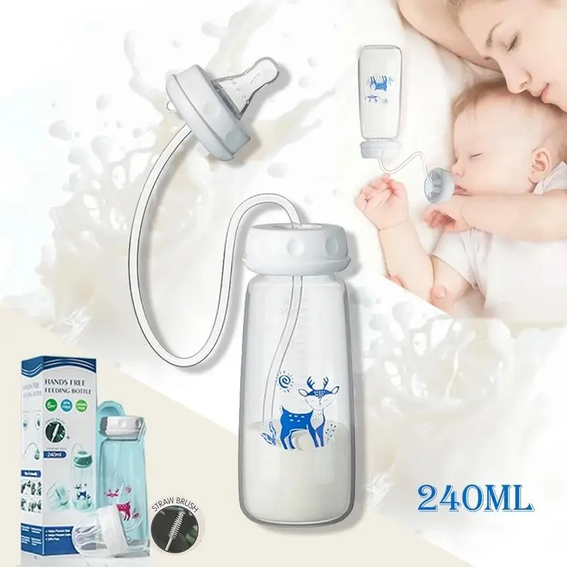8oz/240ml Normal-Neck Baby Bottle with Straw Brush, Toy Hands-Free PP Feeding Bottle Set-Makes Feeding Easy