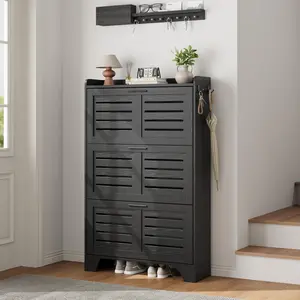 Garvee - Shoe Storage Closet with 3 Flip-Down Drawers, Non-Built-In Shoe Organizer for Entryway with 2 Side Hooks, Slim and Narrow Hidden Shoe Cabinet, Color
