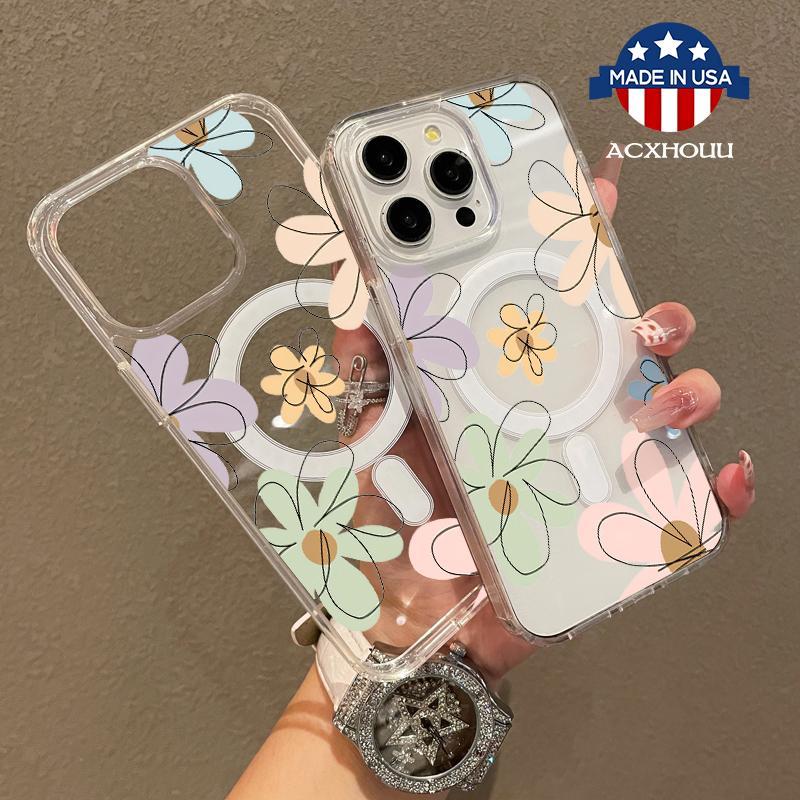Magnetic Soft Case for iPhone17 Promax 16 Plus 15 14 13 12 11, Cartoon Flowers MagSafe Compatible,Springtok Aesthetic Pattern Design Lightweight,y2k cased,AntiScratch,and Trendy Protector Screen Protector Resistance Protection.HMG167