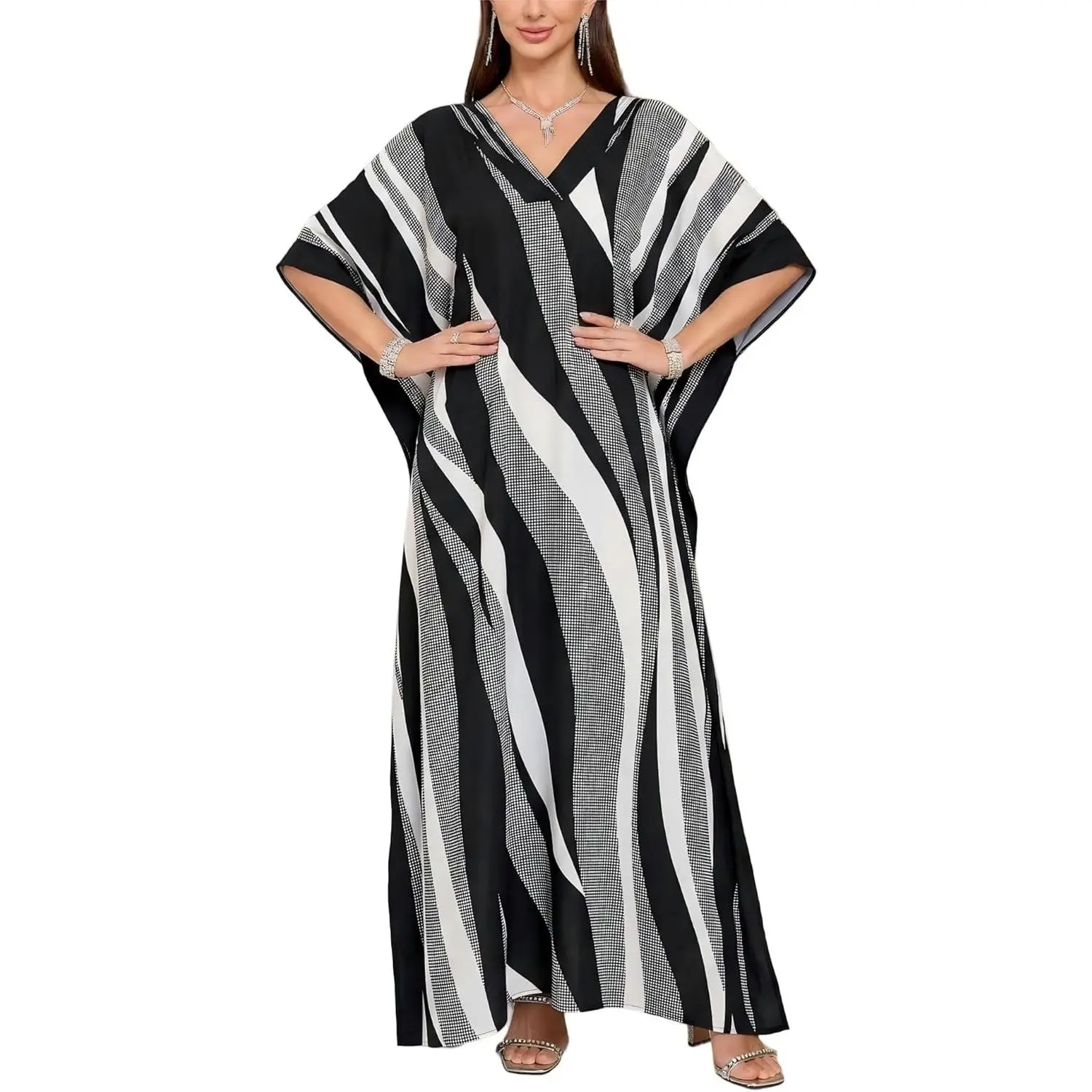 Kaftan Dresses for Women Plus Size V Neck Batwing Sleeve Maxi Dress Loose Flowy Beach Cover Up Moomoo Dress