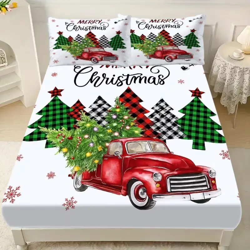 Three-piece fitted sheet set (1 fitted sheet + 2 pillowcases without pillow inner) featuring Christmas truck and Christmas tree theme graphics (2D flat design) for home bedding decor