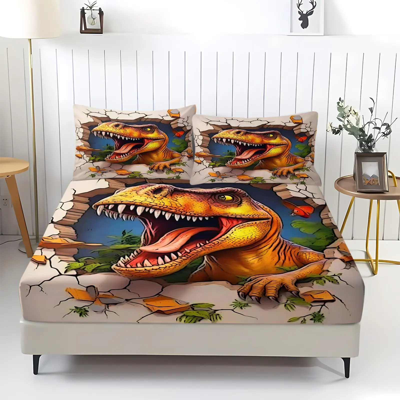 3-Piece 3d Broken Wall Tyrannosaurus Rex Printed Bed Sheet Set, Vibrant Roaring Tyrannosaurus Rex Bedding Set, Soft And Comfortable, 1 Bed Sheet And 2 Coreless Pillowcases, Suitable For Children And Adults Bedroom Bedding Set