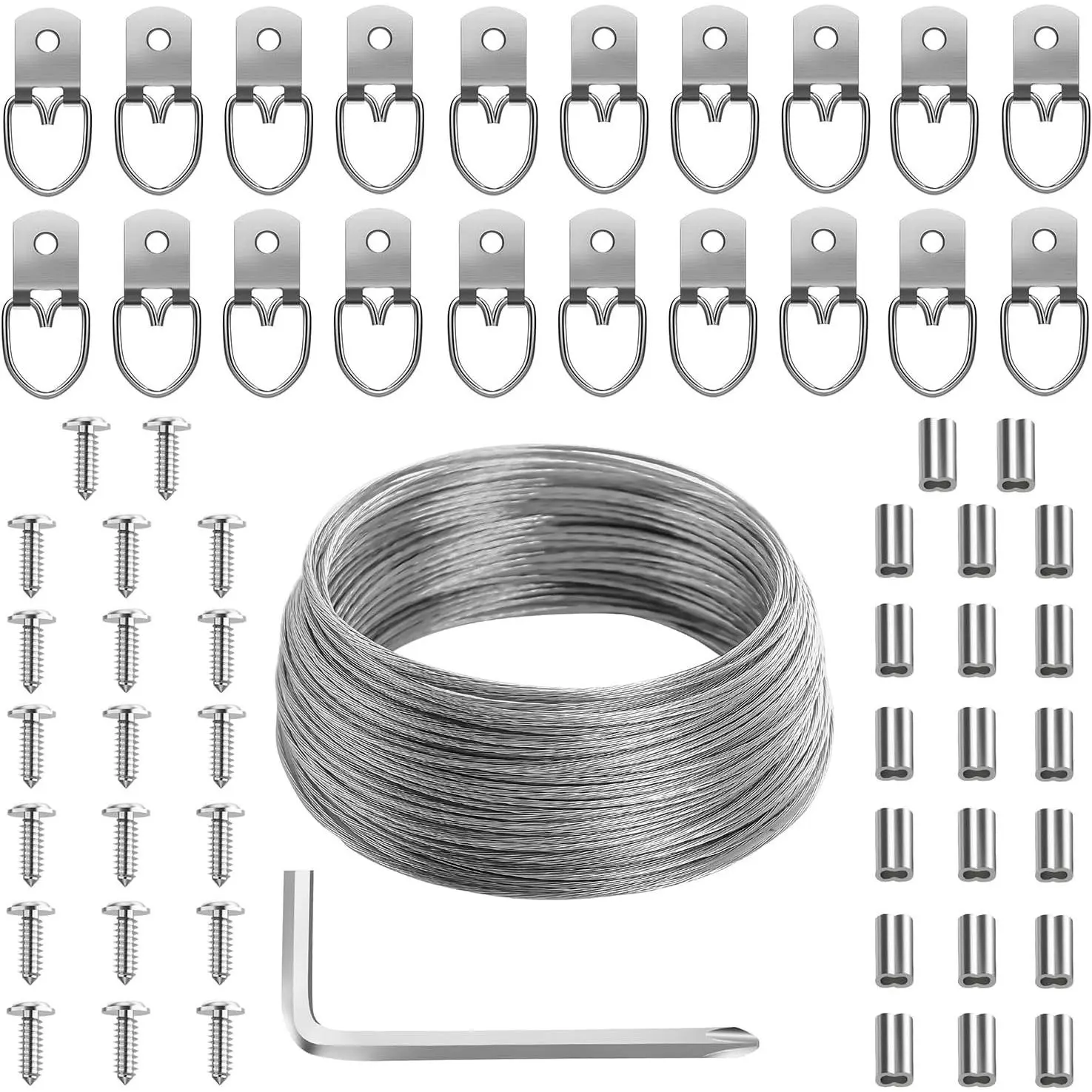 Picture Hanging Kit, 100 Feet Stainless Steel Braided Hanging Wire, 20x D Ring Picture Hangers with Screws, 20x Aluminum Crimping Loop Sleeve for Canvas Paintings and Photo FramesGift