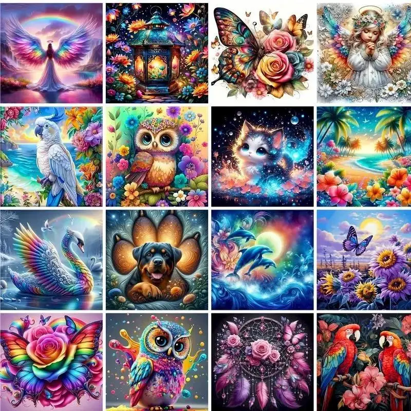 Rainbow Magical Angel & Animal Paint By Numbers Kit - 1 Unframed Canvas DIY Supplies, Easy to Use for 6+ Beginners, Includes Butterfly, Owl, Parrot, Cat, Swan, Dog, Dolphin, Dreamcatcher, Vibrant Holiday Gift for Kids’ Bedroom Wall Decor
