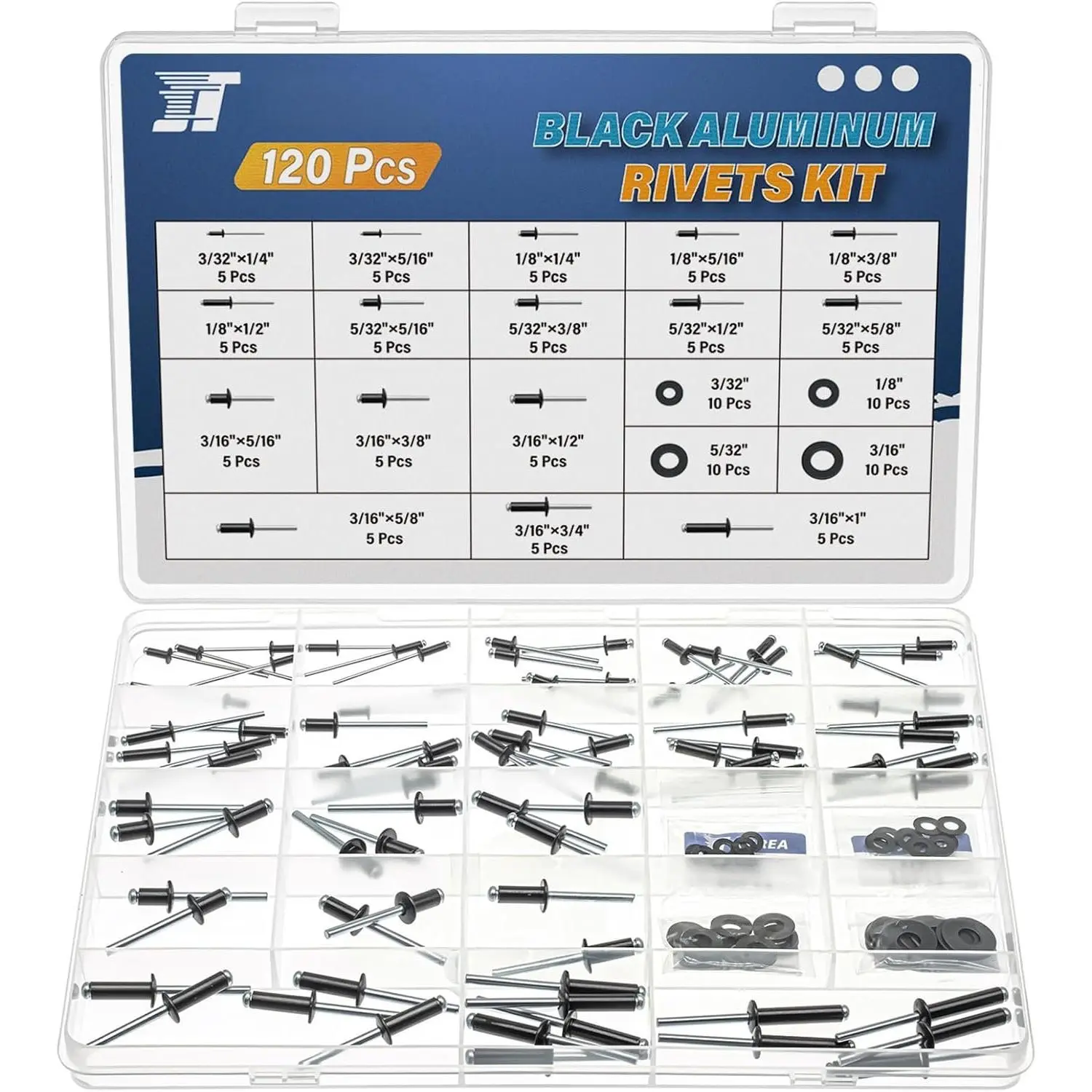 16Sizes Black Rivets  Kit 3/32" 1/8" 5/32" 3/16"  Blind Rivet Set with Stainless Steel Washer (Pack of 120 count)