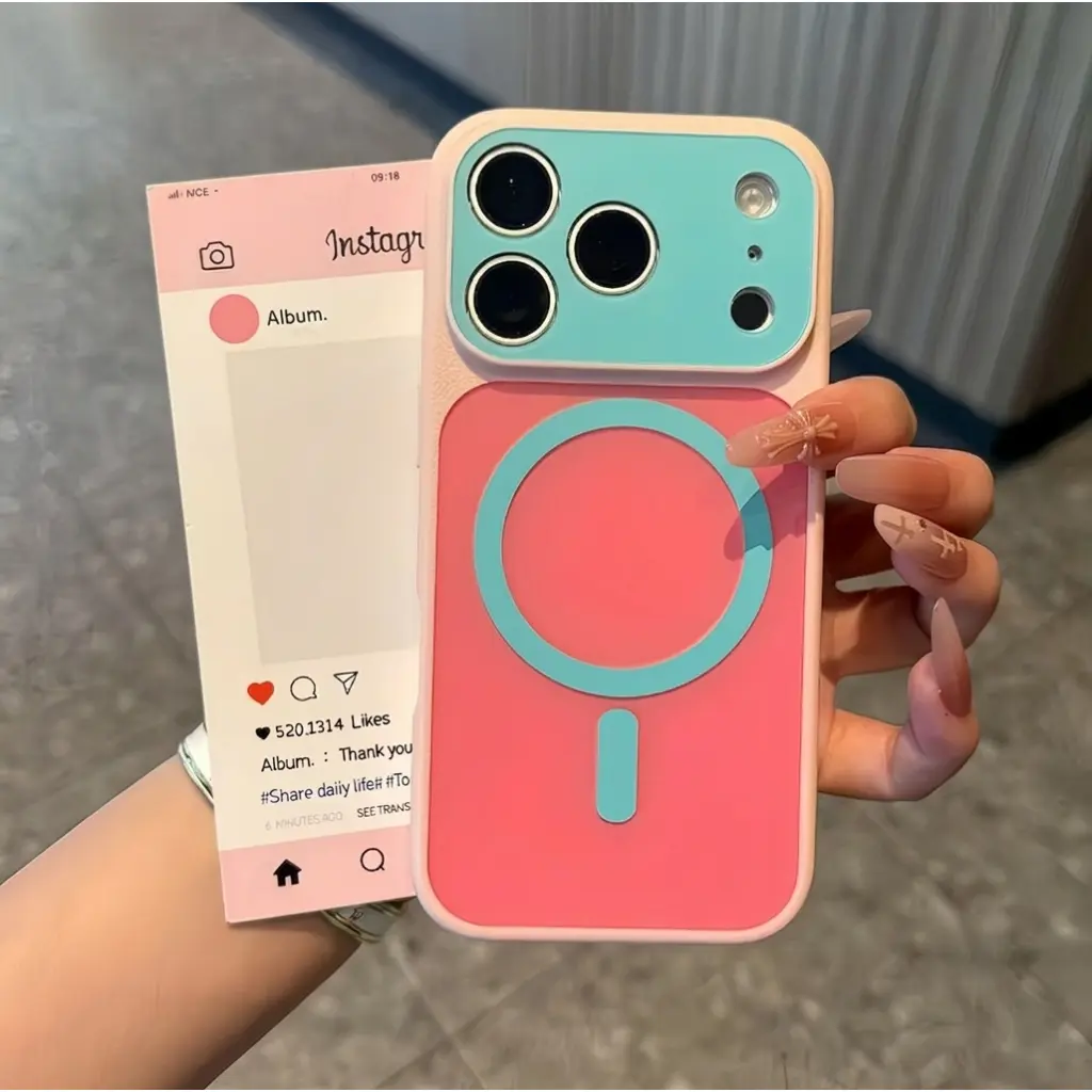 Color Block MagSafe Phone Case for iPhone 17/16/15/14/13 Pro Max Plus - Handy Aesthetic Accessories with Big Window Camera Protector, Solid Color PC-TPU Shockproof Cover, Card Slot, Sun-Resistant Design