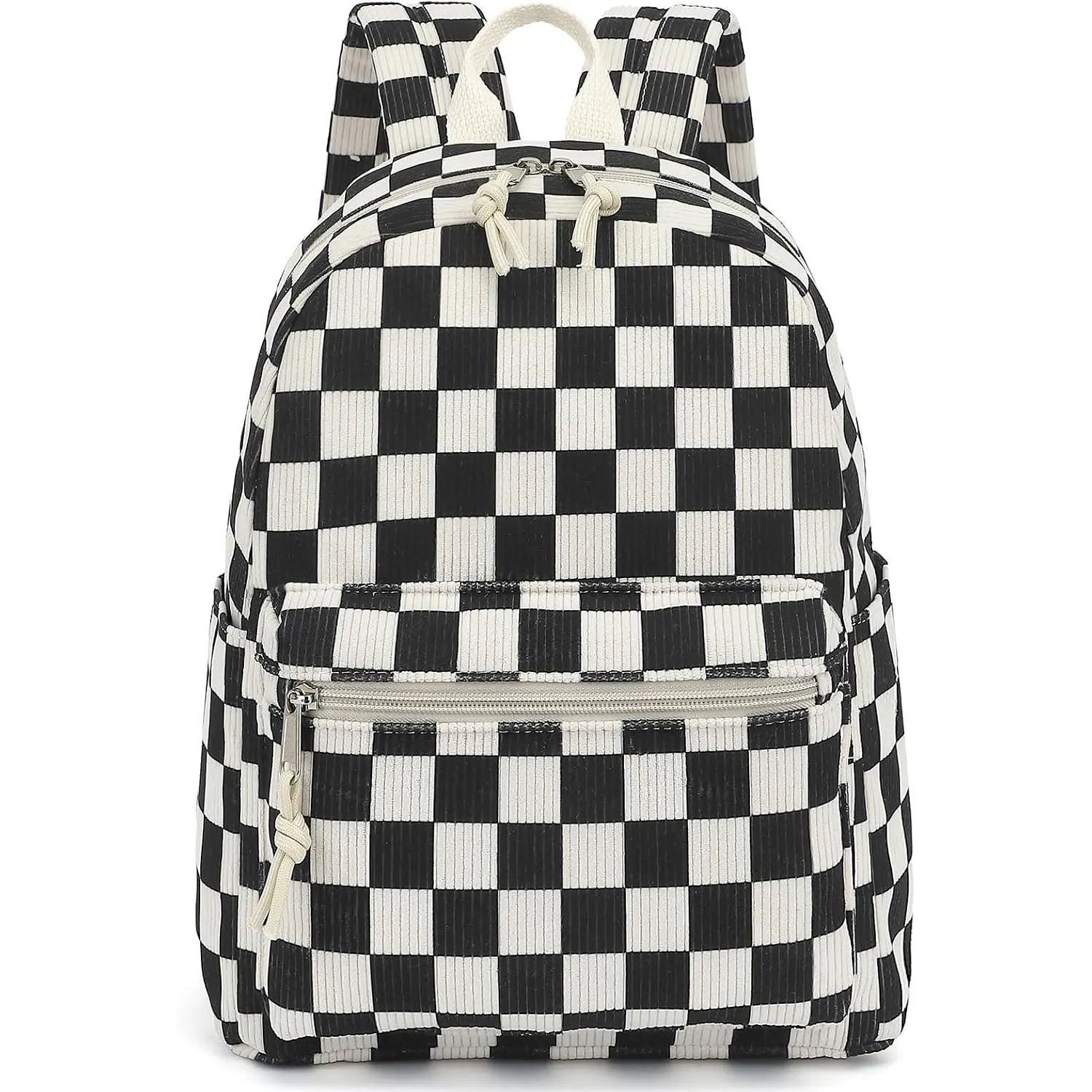 Corduroy Mini Backpack Purse Fashion Small Backpack Casual Daypack for Women Girls School Travel (Checkered Black)