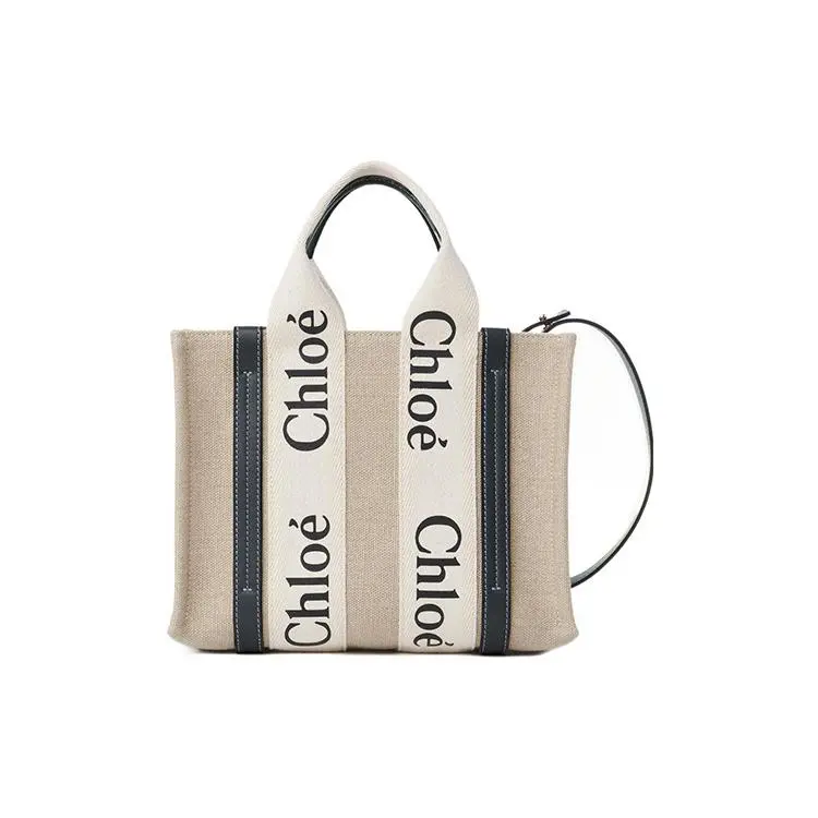 Chloe Woody Logo Canvas and Smooth Calfskin Tote Bag for Women – Beige and Navy