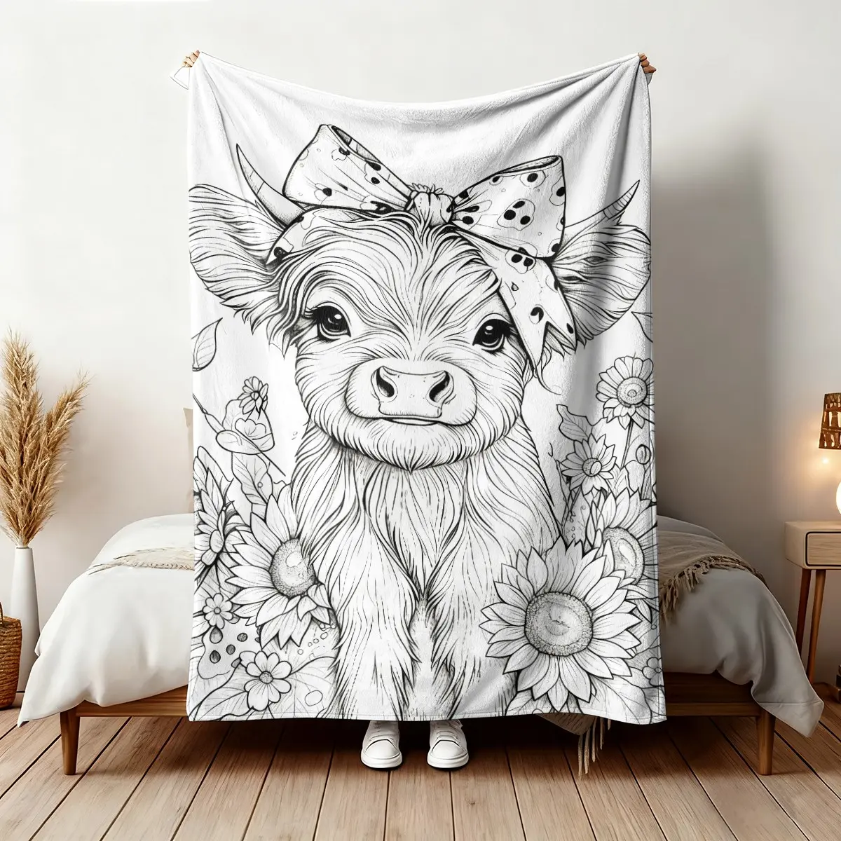 DIY Highland Cow Sunflower Coloring Blanket, Soft Flannel Nap Throw, Warm Decor, Decorative Blanket for Couch Bedroom Camping, Perfect Holiday Gift