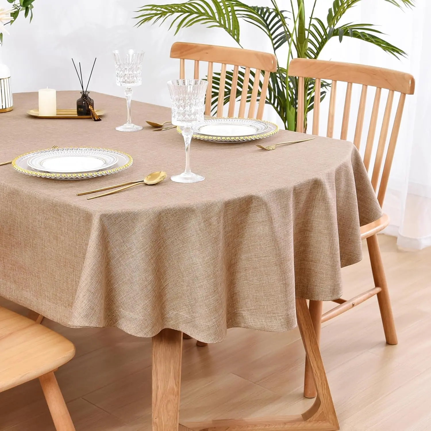Faux Linen Oval Tablecloth Heavy Duty Wrinkle Resistant Fabric Table Cloths 60 x 84 Inch Flaxen Farmhouse Rustic Table Cover for Kitchen Dining Indoor Outdoor Tabletop Decoration