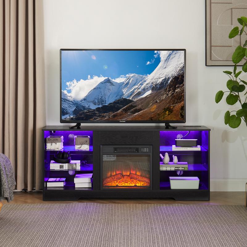 TV Stand Electric Fireplace  Glass Shelves, 3D Fireplace TV Stand with LED Lights Wood with USB Charging Outlet Modern Television Table Center for TV up to 62", 58''W*15.5''D*24.4