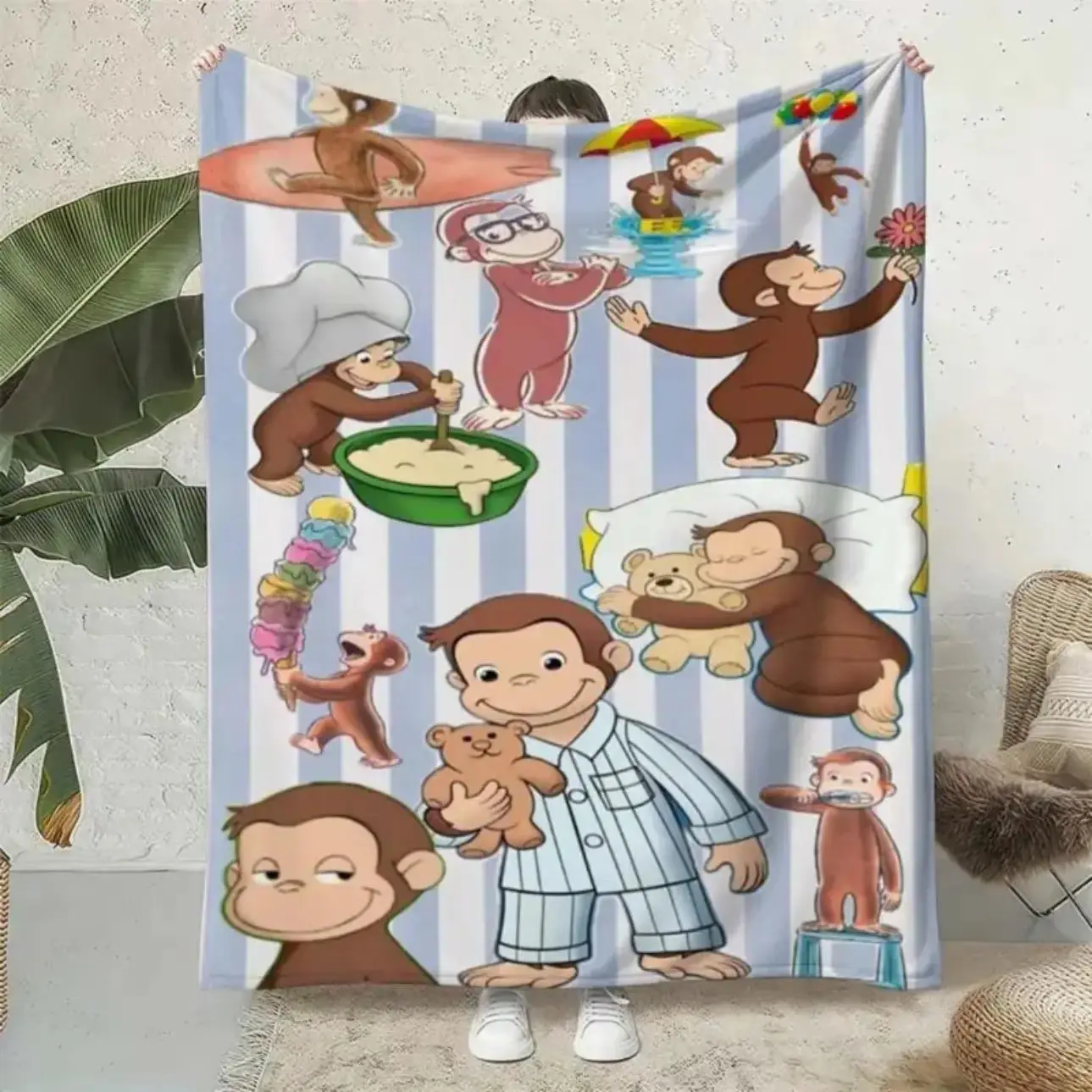 Curious George Monkey Cartoon Flannel Cooling Throw Blanket, Cute Animal Graphic Soft Lightweight Decor Blanket for Kids Bedroom Couch Sofa Travel, All Season Toddler Birthday Holiday Gift for Cartoon Lovers