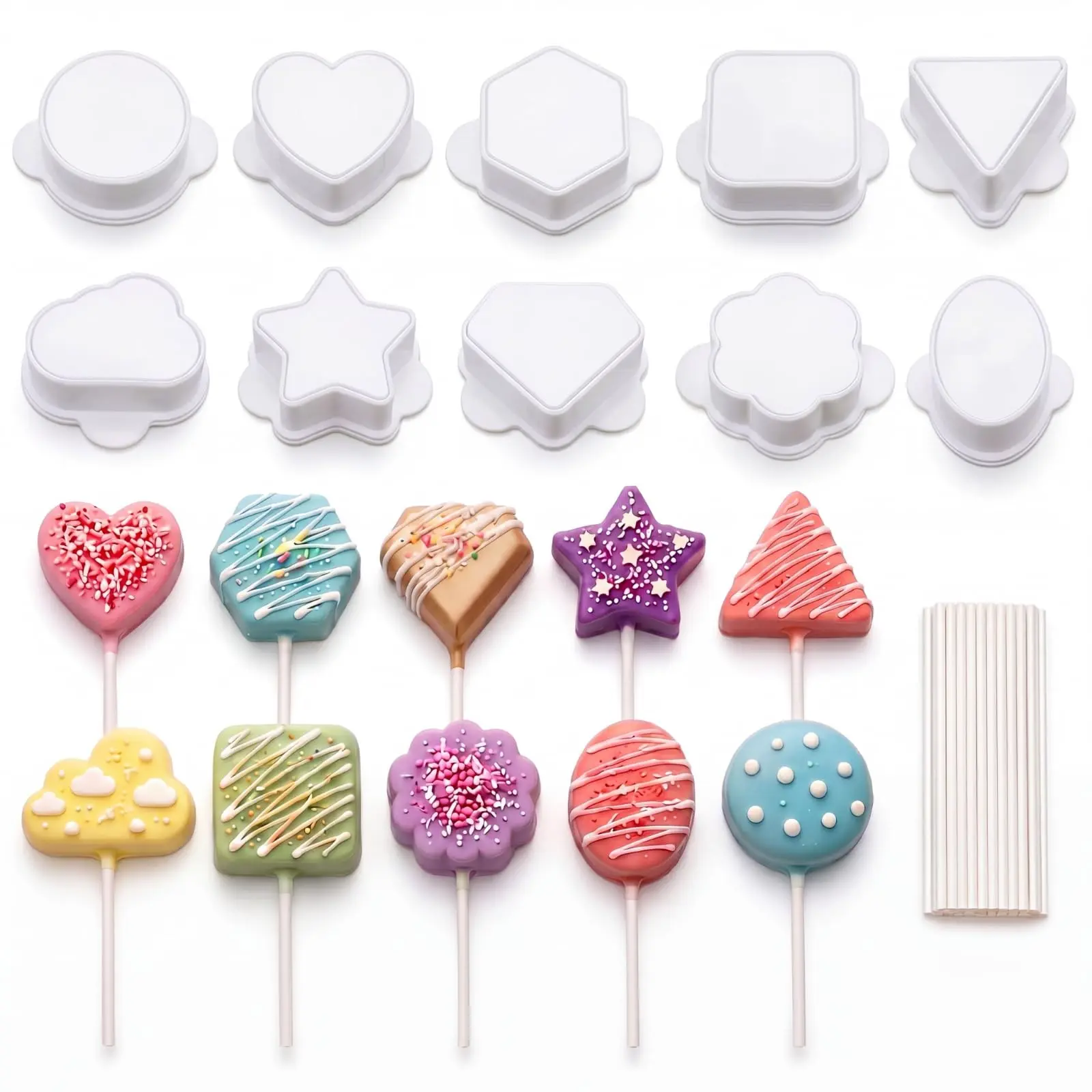 10 Pcs Cake Pop Molds Set with 100 Sticks, Large Cake Pop Cutter and Pusher, 10 Shapes Baking Tools for DIY Home Baking, Birthday Parties, Wedding Desserts