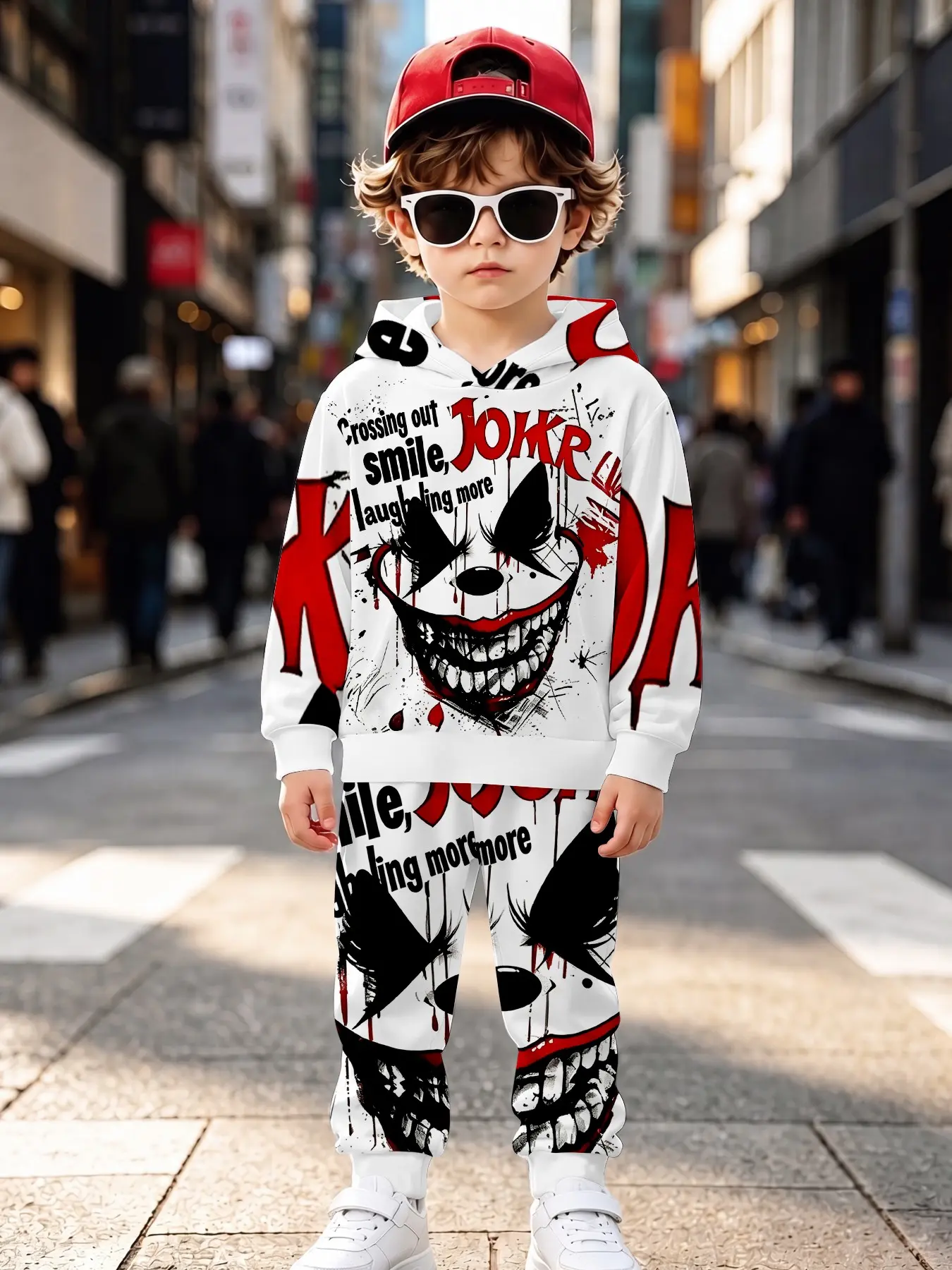 Boys' Unique Graffiti Full Print Hoodie and Long Pants Set, Casual Fall & Winter, Loose-Fitting, Natural Waist, All over Print