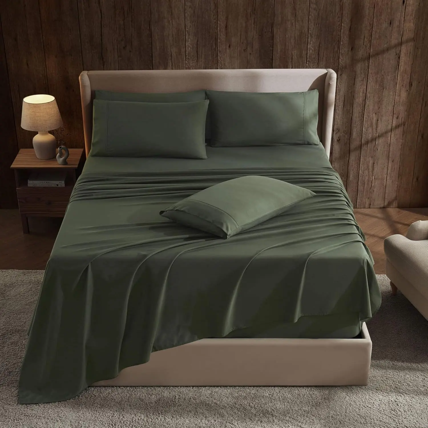 & Harbor Deep Sheet Sets, Luxury Soft 6 Piece Bed Sheet Set Fits Mattress 18-24 Inches - Queen, Olive Green