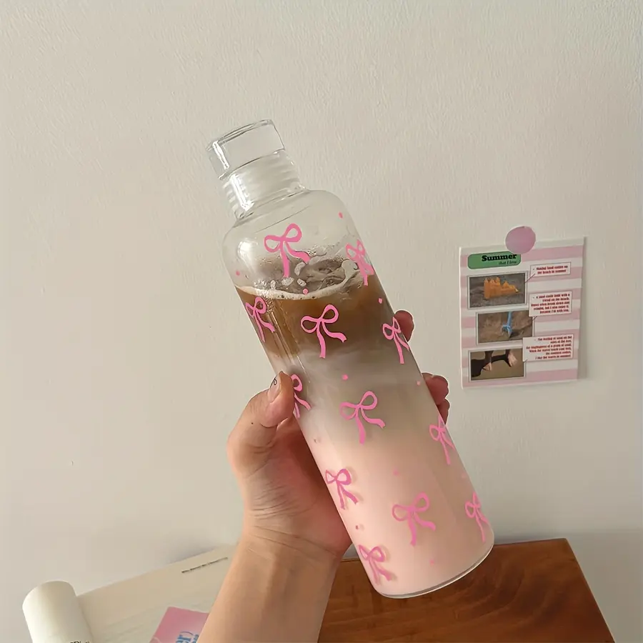 Multi-color optional bow-printed plastic water bottle, single-layer plastic jar with straw and lid, Tumbler with straw, coffee cup, travel cup, gift for friends, summer drinker, holiday cup, office hydration, travel thermos pot, Portable sports bottle
