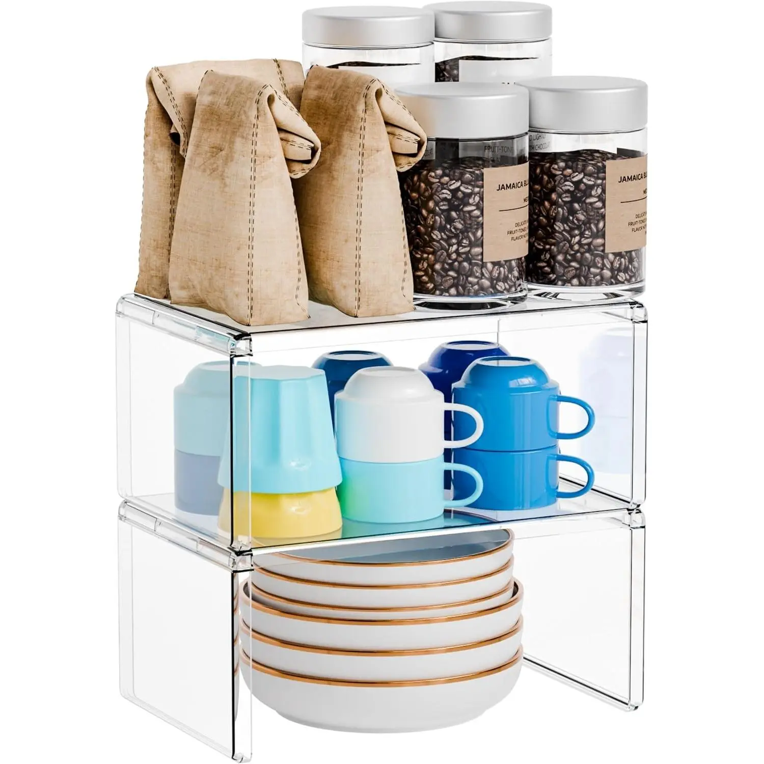 2-Pack Acrylic Kitchen Cabinet Organizer, 2-Tier Stackable Shelves, Space-Saver Stand & Risers for Mugs, Cups, Dishes (RV Pantry Use), Two-Tiered