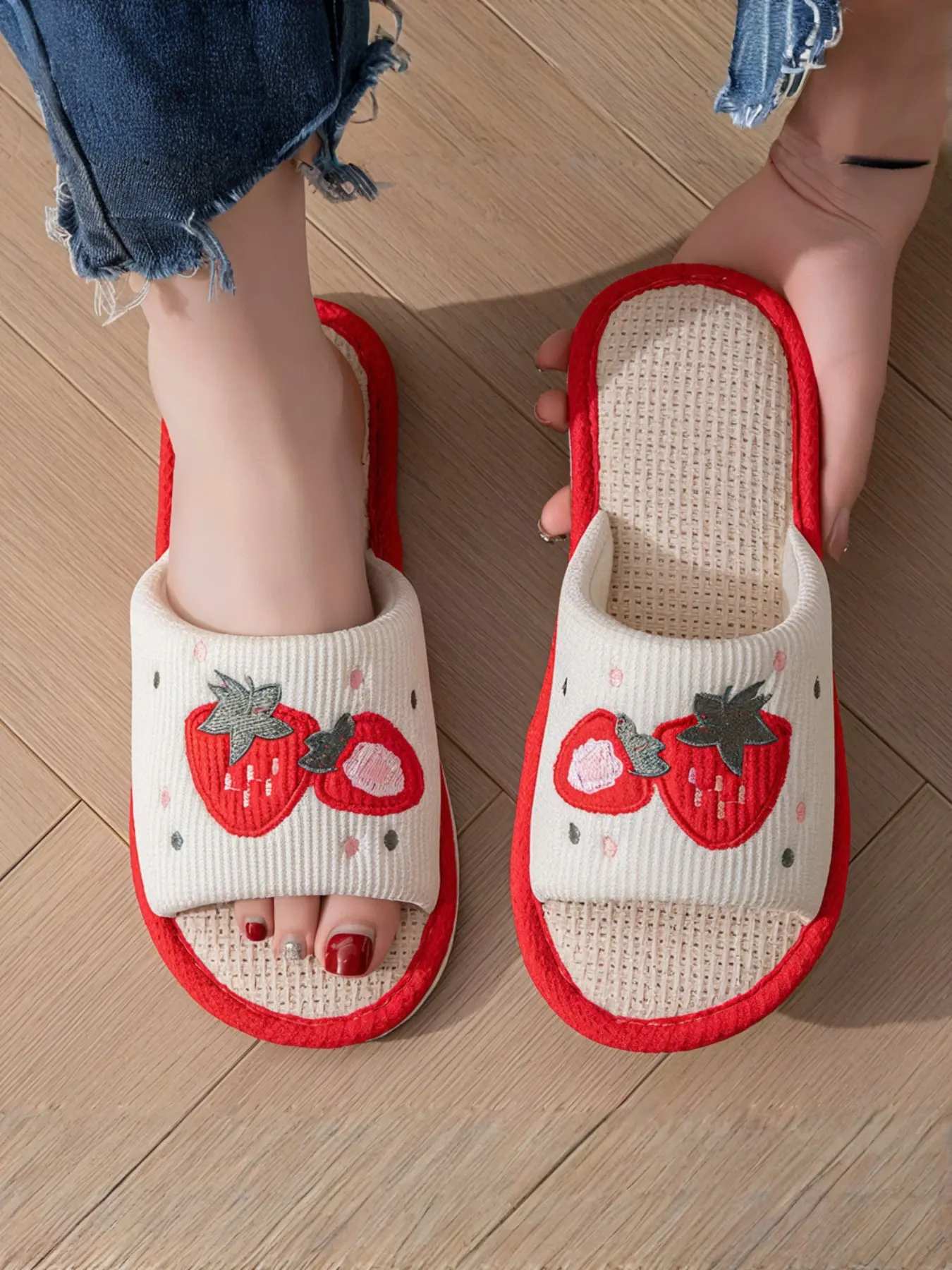 Women's Waffle Strawberry Embroidered Slippers, Cozy Textile Eva Sole, Casual Indoor Cotton Shoes, All-Season Anti-Slip Design