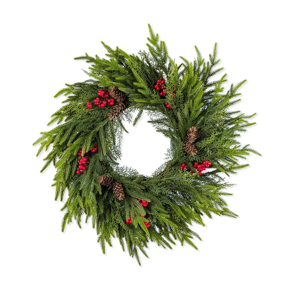 24-Inch Artificial Christmas Cedar Wreath with Berries, Pine Cones, Fake Full Cedar Wreath for Front Door, Porch, Wall, Window, Home, Farmhouse, Winter, Christmas Decorations