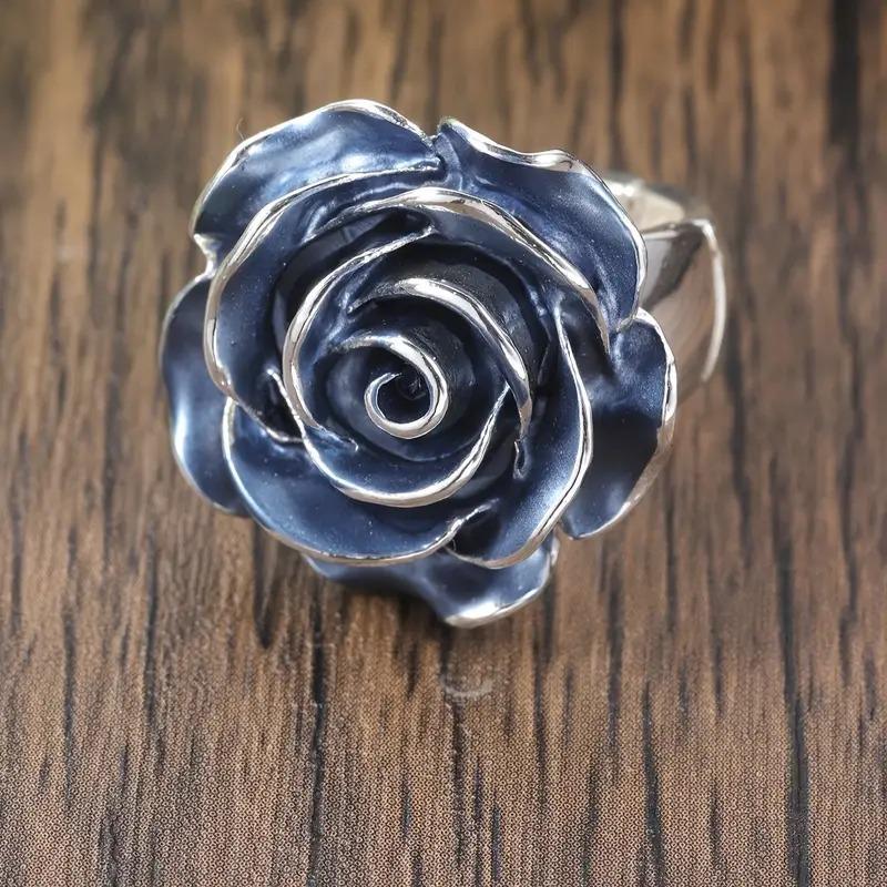 Vintage Enamel Blue Rose Statement Ring for Women | Rococo Style European & American Elegant Jewelry | TikTok Live Cross-Border Accessory