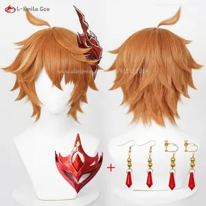 Tartaglia Cosplay Wig Orange Brown Highlight 30cm Short Wig Tartaglia Cosplay Mask Heat Resistant Synthetic Hair Anime Wigs