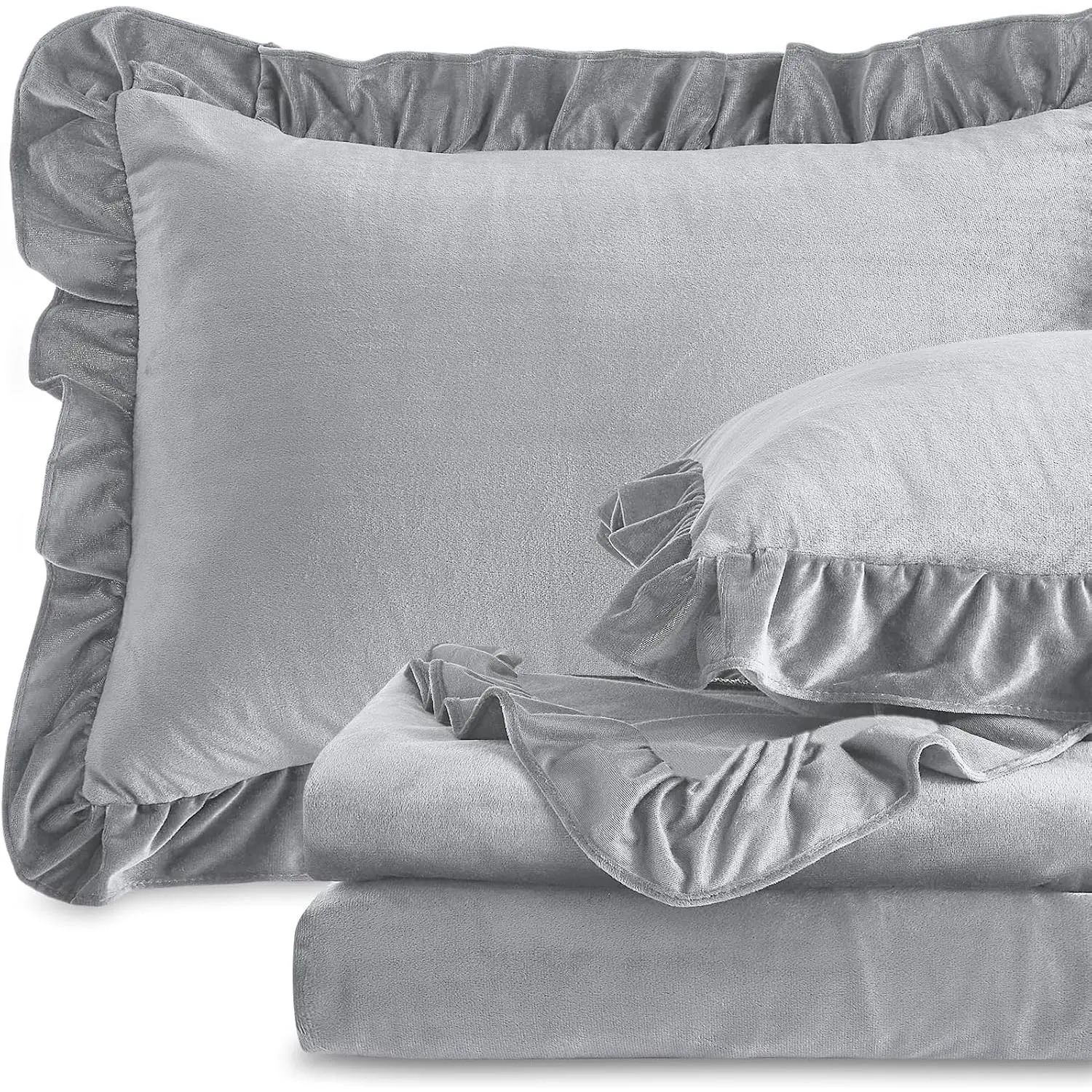 Plush Flannel Sheet Set -  Size 4- - Ruffled  Design, 16 Inch Deep Pocket, Anti-Pilling & Fade Resistant - 220 GSM Breathable Luxury - Bedding, Gray