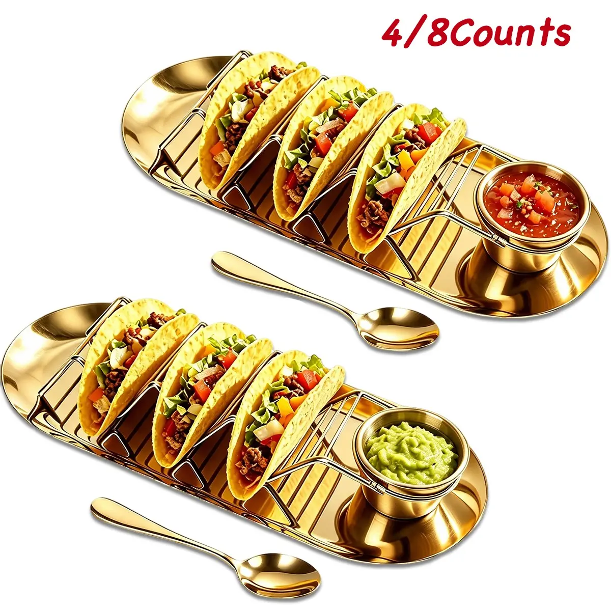 4/8pcs Luxurious Taco Accessories, Durable Stainless Steel Taco Holder Tray, Sauce Cup & Seasoning Spoon, Party Gift