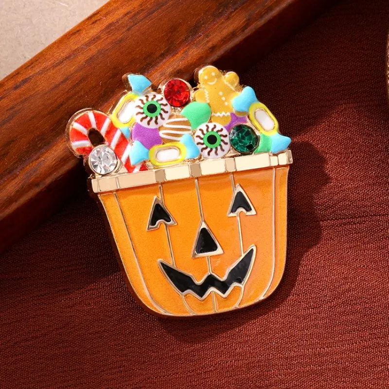 Trick Or Treat Jack O Lantern Candy Bucket Enamel Brooch, Rhinestone Halloween Lapel Pin, Spooky Holiday Costume Jewelry Gift for Women