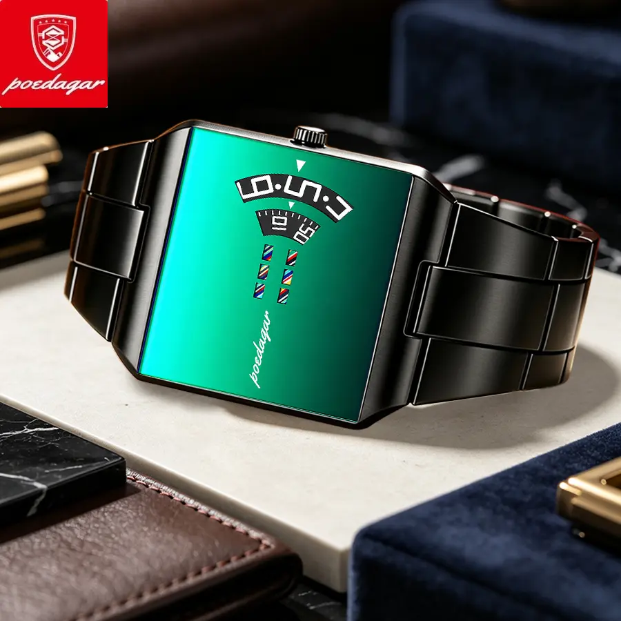 POEDAGAR Top Rectangle Original Men Watch Waterproof Fashion Man Wristwatch Stainless Steel Quartz Sport Men's Watches+Box Reloj