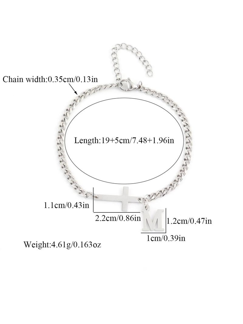 2026 New Men's Trendy Casual Bracelet, Simple Cross Charm and Letter Link Design, Fashion Bracelet for Daily Wear