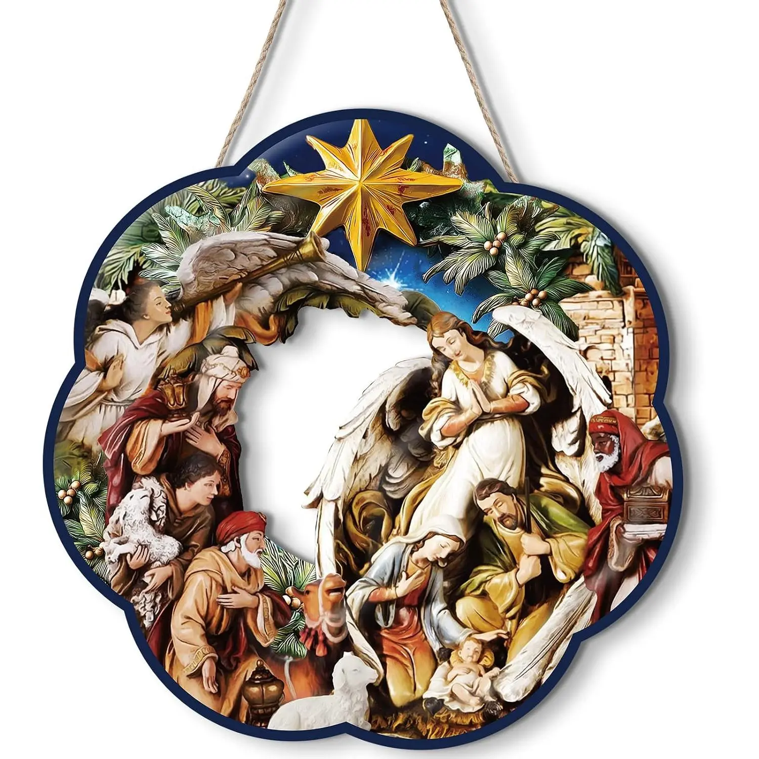 Holy Family Wreath Decorations Christmas Front Door Wreaths Sign Wooden Nativity Scene Christmas Wreath Religious Door Decoration for Window Xmas  Wall Decor()