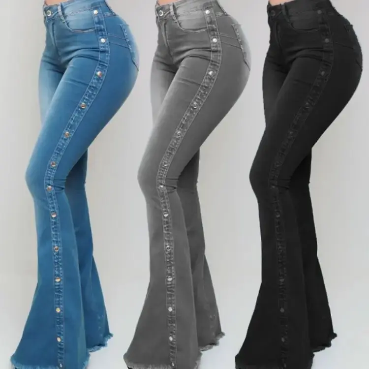 2026 Plus Size Women's Long High Waist Stretch Floor-Length Flared Jeans Bottom Womenswear