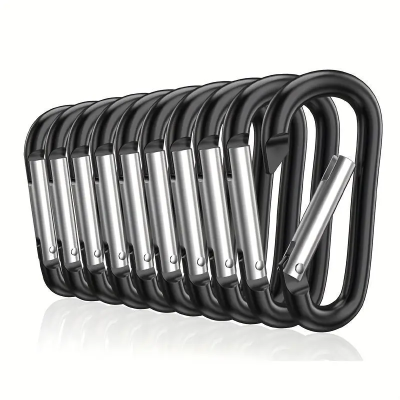 10pcs Durable Black Aluminum Carabiners - Heavy Duty Carabiner, Rubber Grip, Easy Attachment, Ideal for Keys, Backpacks, & Water Bottles